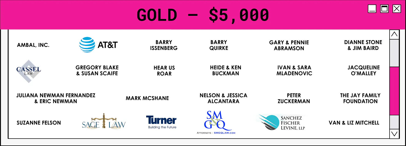 Sponsor tier box featuring multiple sponsor logos, including AT&T, Turner, and other supporting organizations.